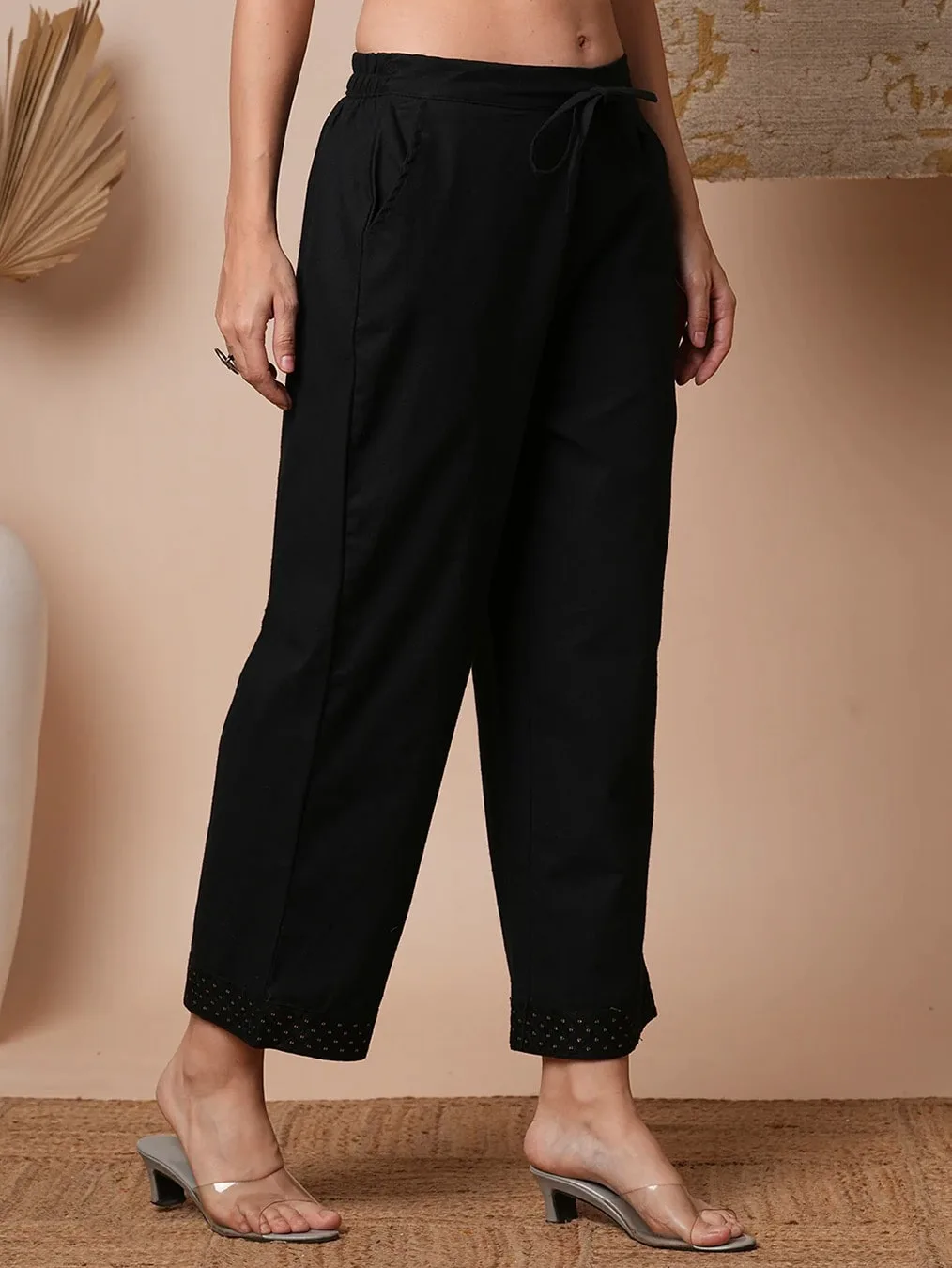 Black Embroidered Straight Pants